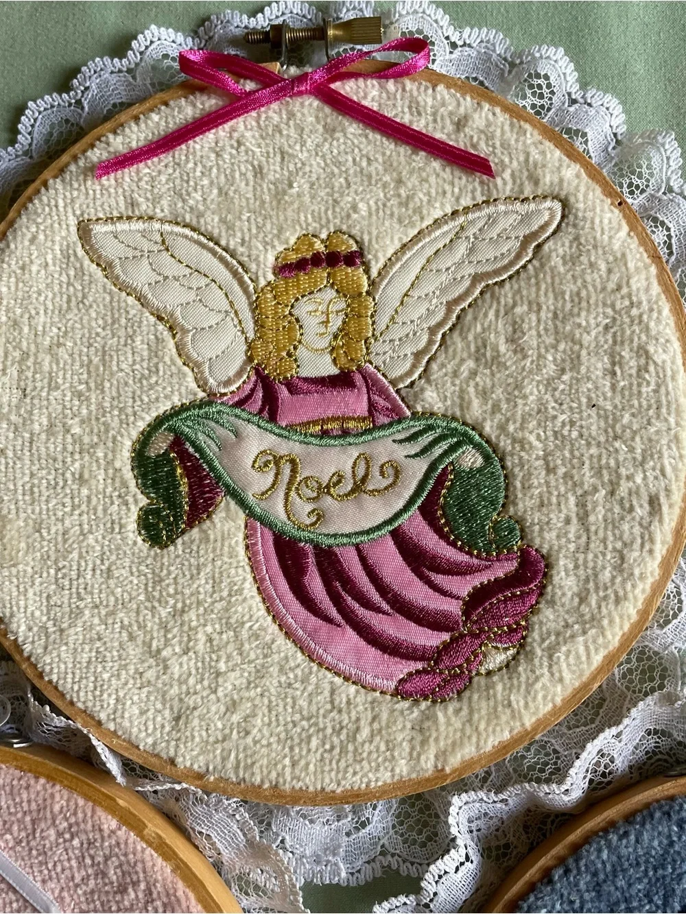 Vintage Angel Embroidered Wall Hanging Set Of 3 Lace Trim Handmade Decor